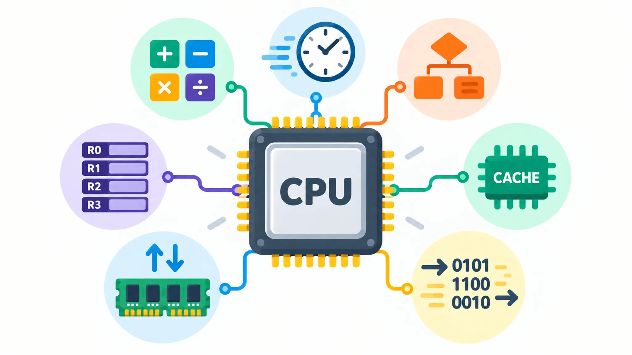 Con chip CPU ở giữa nối với ALU xung nhịp khối điều khiển cache thanh ghi RAM và mã máy