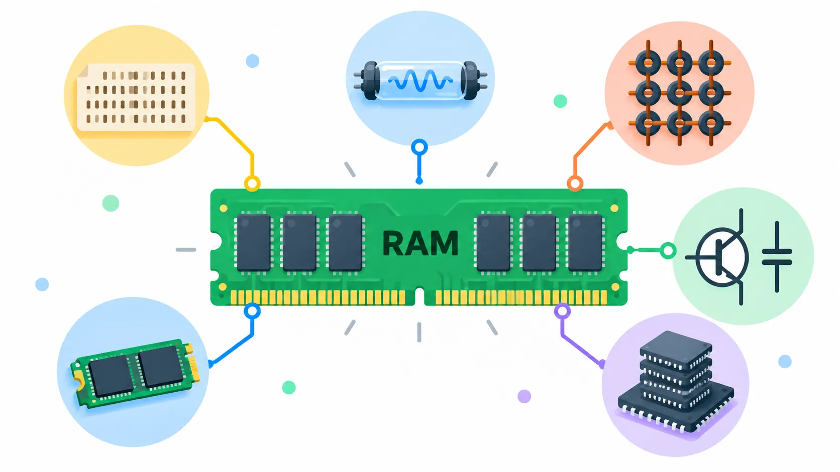 Thanh RAM ở giữa nối với thẻ đục lỗ ống thuỷ ngân vòng lõi từ ô nhớ DRAM và ổ SSD